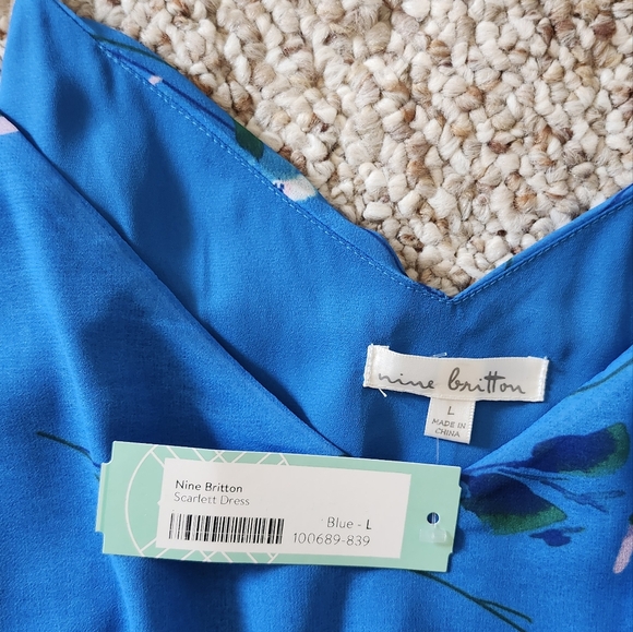 Nine Britton NWT Blue Flowered Spaghetti Strap Dress Size L - Picture 5 of 11